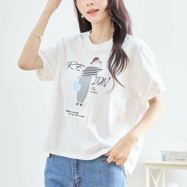 【M〜L】綿混・ガールグラフィックTシャツ|サイドボタン・半袖・カジュアル・N12-655