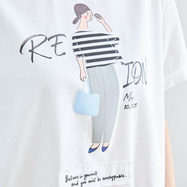 【M〜L】綿混・ガールグラフィックTシャツ|サイドボタン・半袖・カジュアル・N12-655