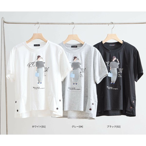 【M〜L】綿混・ガールグラフィックTシャツ|サイドボタン・半袖・カジュアル・N12-655