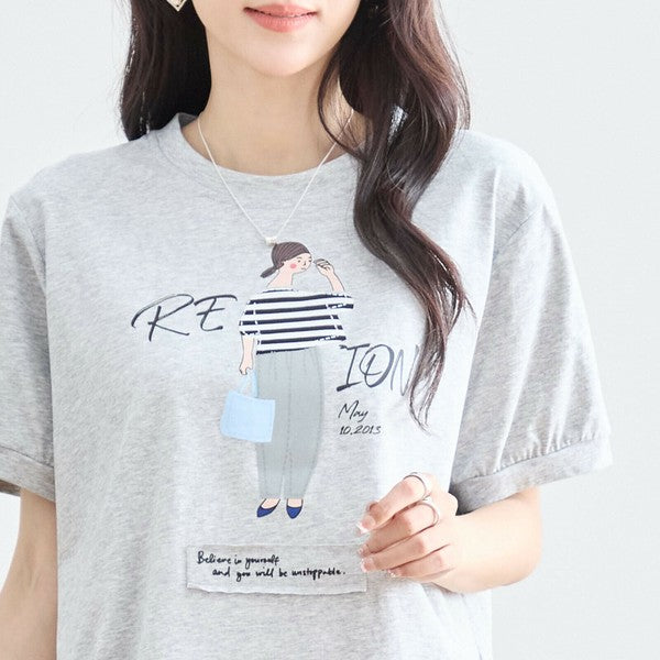 【M〜L】綿混・ガールグラフィックTシャツ|サイドボタン・半袖・カジュアル・N12-655