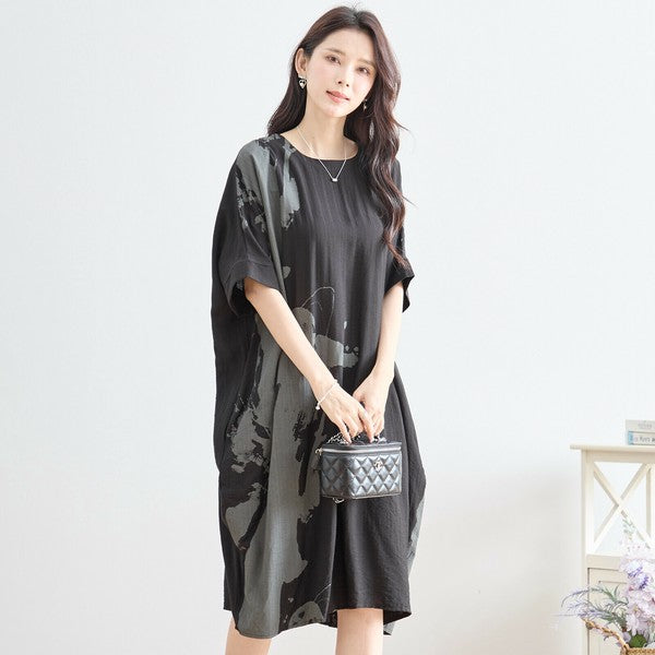 モノトーン アート プリント ワンピース コクーン ゆったり 体型カバー L-LL