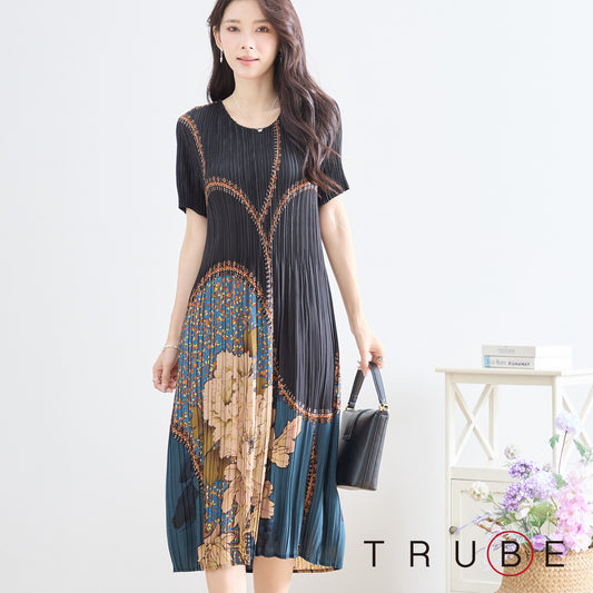 【M〜L】エレガントフラワープリントプリーツワンピース(N82-282)|華やかシルエット×楽ちん着心地