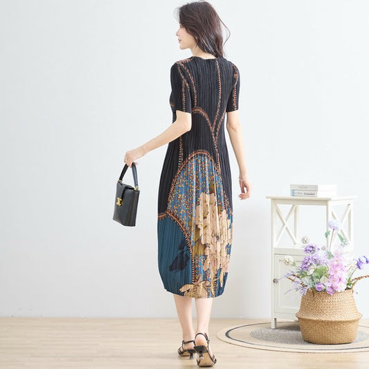 【M〜L】エレガントフラワープリントプリーツワンピース(N82-282)|華やかシルエット×楽ちん着心地