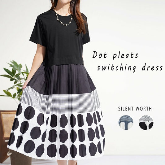 Mサイズ 異素材切替ドットプリーツワンピース 春夏 体型カバー Y-0114 全体