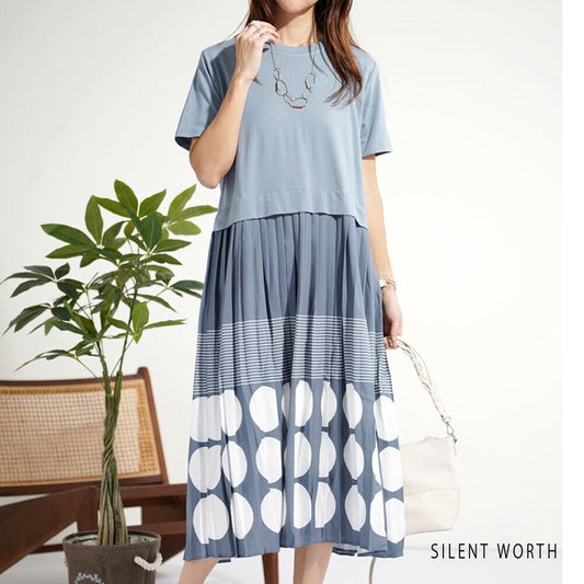 Mサイズ 異素材切替ドットプリーツワンピース 春夏 体型カバー ブルー