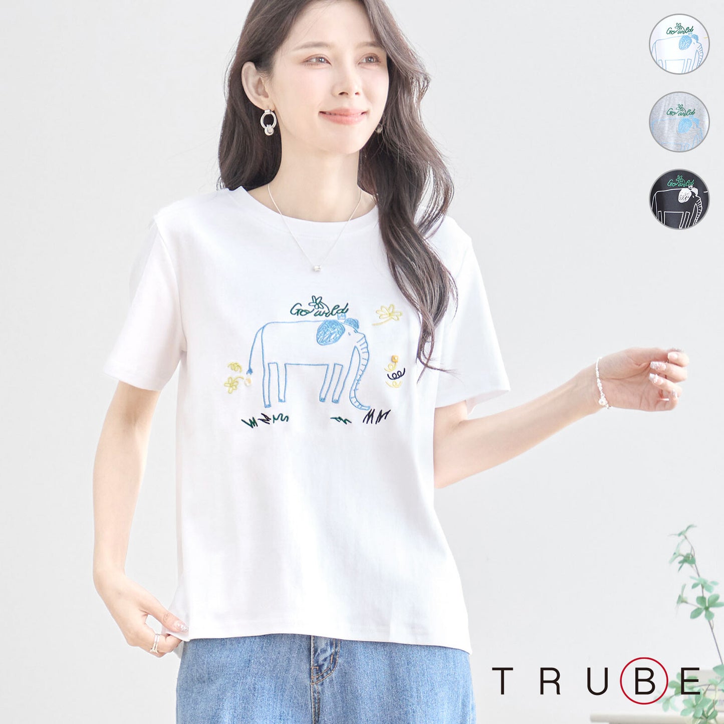 【M〜L】綿ストレッチ ゾウモチーフ刺繍Tシャツ|半袖カットソー・大人可愛い夏トップス・TRUBE N12-603