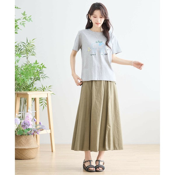 【M〜L】綿ストレッチ ゾウモチーフ刺繍Tシャツ|半袖カットソー・大人可愛い夏トップス・TRUBE N12-603
