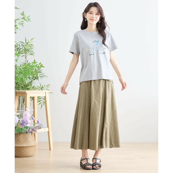 【M〜L】綿ストレッチ ゾウモチーフ刺繍Tシャツ|半袖カットソー・大人可愛い夏トップス・TRUBE N12-603