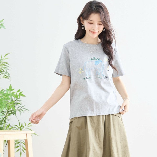 【M〜L】綿ストレッチ ゾウモチーフ刺繍Tシャツ|半袖カットソー・大人可愛い夏トップス・TRUBE N12-603