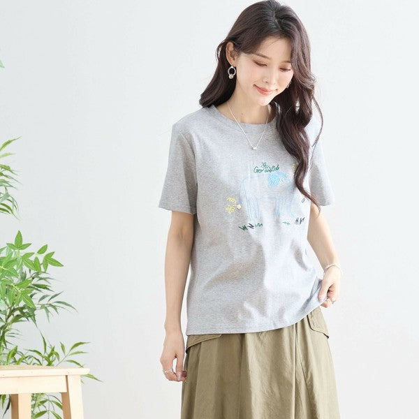 【M〜L】綿ストレッチ ゾウモチーフ刺繍Tシャツ|半袖カットソー・大人可愛い夏トップス・TRUBE N12-603