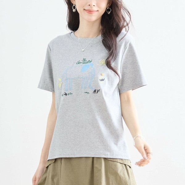 【M〜L】綿ストレッチ ゾウモチーフ刺繍Tシャツ|半袖カットソー・大人可愛い夏トップス・TRUBE N12-603