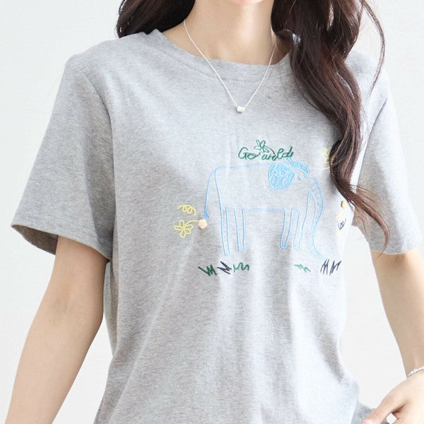 【M〜L】綿ストレッチ ゾウモチーフ刺繍Tシャツ|半袖カットソー・大人可愛い夏トップス・TRUBE N12-603