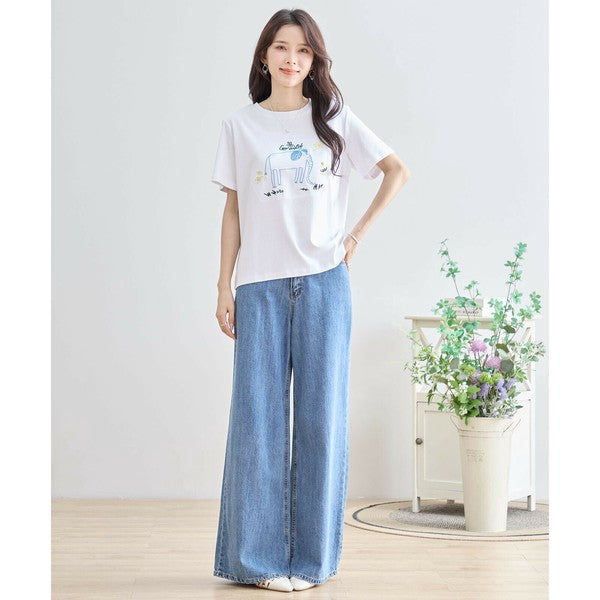 【M〜L】綿ストレッチ ゾウモチーフ刺繍Tシャツ|半袖カットソー・大人可愛い夏トップス・TRUBE N12-603