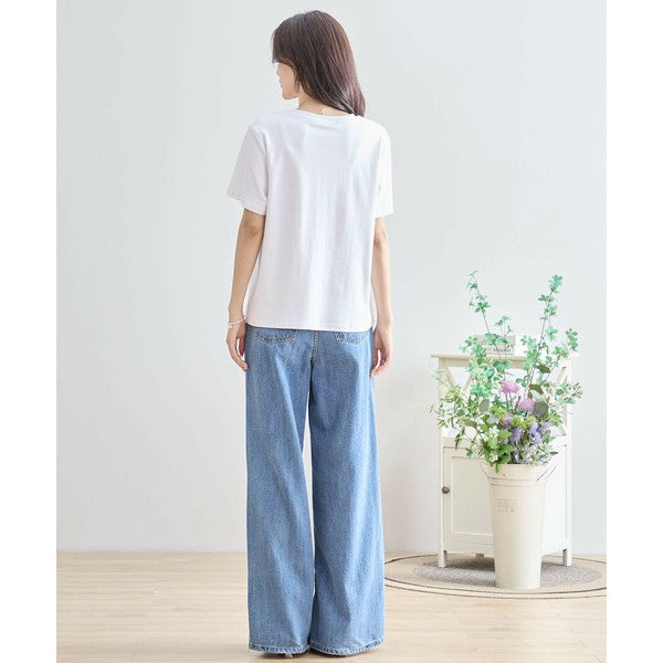 【M〜L】綿ストレッチ ゾウモチーフ刺繍Tシャツ|半袖カットソー・大人可愛い夏トップス・TRUBE N12-603