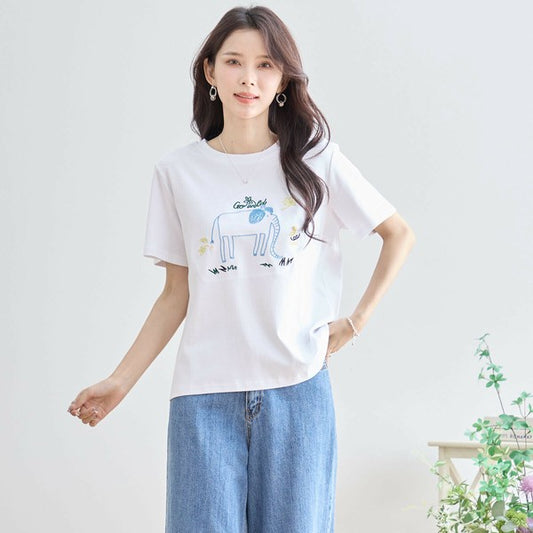 【M〜L】綿ストレッチ ゾウモチーフ刺繍Tシャツ|半袖カットソー・大人可愛い夏トップス・TRUBE N12-603