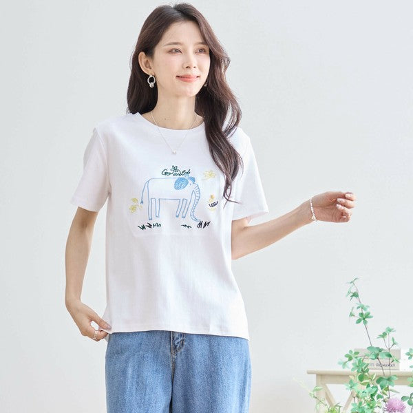 【M〜L】綿ストレッチ ゾウモチーフ刺繍Tシャツ|半袖カットソー・大人可愛い夏トップス・TRUBE N12-603