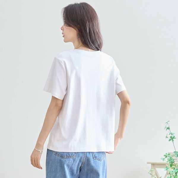 【M〜L】綿ストレッチ ゾウモチーフ刺繍Tシャツ|半袖カットソー・大人可愛い夏トップス・TRUBE N12-603