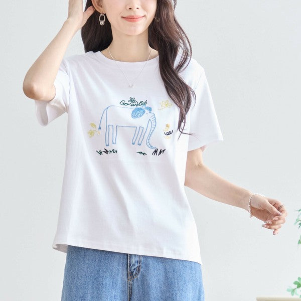 【M〜L】綿ストレッチ ゾウモチーフ刺繍Tシャツ|半袖カットソー・大人可愛い夏トップス・TRUBE N12-603