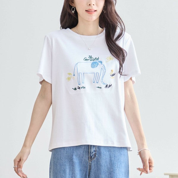 【M〜L】綿ストレッチ ゾウモチーフ刺繍Tシャツ|半袖カットソー・大人可愛い夏トップス・TRUBE N12-603