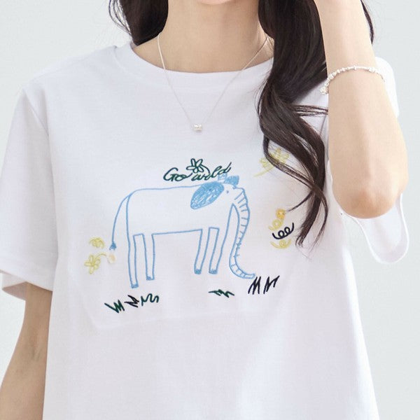 【M〜L】綿ストレッチ ゾウモチーフ刺繍Tシャツ|半袖カットソー・大人可愛い夏トップス・TRUBE N12-603