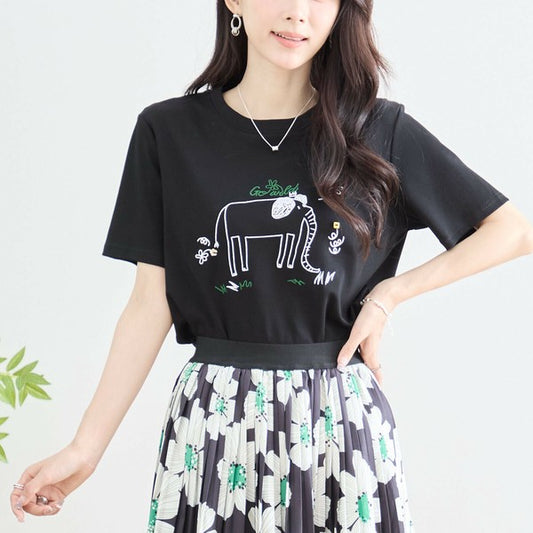 【M〜L】綿ストレッチ ゾウモチーフ刺繍Tシャツ|半袖カットソー・大人可愛い夏トップス・TRUBE N12-603