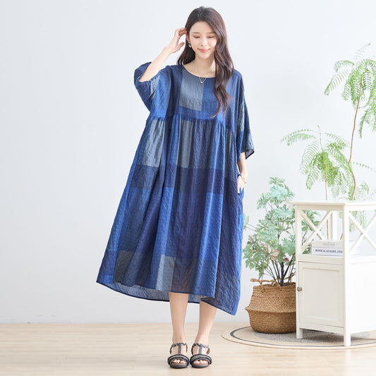 【L〜LL】ブルーブロックチェックコットンワンピース|体型カバー&涼やか素材で夏も快適(N82-267A)