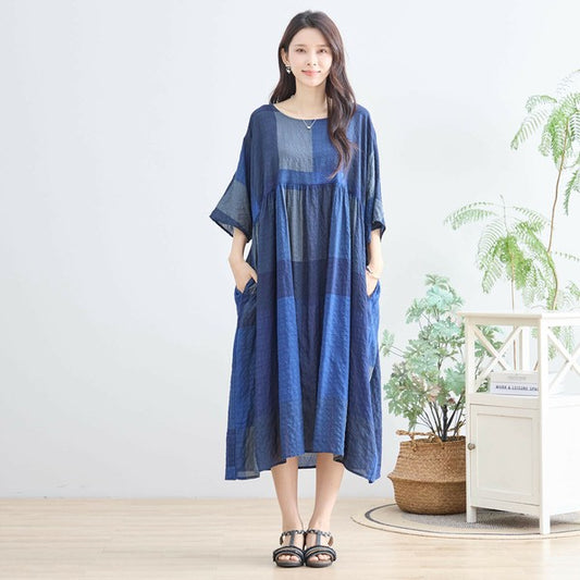 【L〜LL】ブルーブロックチェックコットンワンピース|体型カバー&涼やか素材で夏も快適(N82-267A)