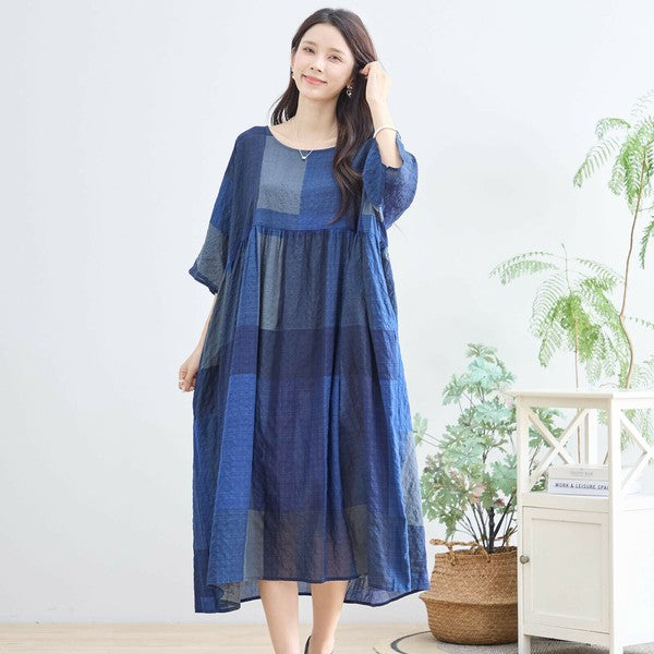 【L〜LL】ブルーブロックチェックコットンワンピース|体型カバー&涼やか素材で夏も快適(N82-267A)