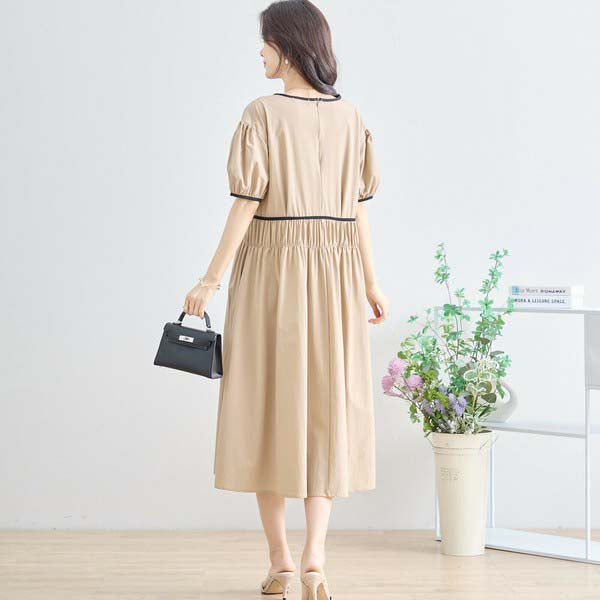 【M〜L】配色パイピングバルーンスリーブワンピース(N82-314)|ふんわり袖×楽ちんナイロンストレッチ