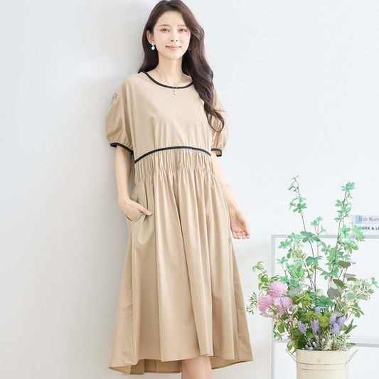 【M〜L】配色パイピングバルーンスリーブワンピース(N82-314)|ふんわり袖×楽ちんナイロンストレッチ