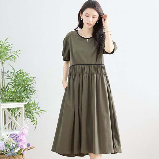 【M〜L】配色パイピングバルーンスリーブワンピース(N82-314)|ふんわり袖×楽ちんナイロンストレッチ