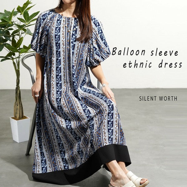 【M】エスニック柄バルーン袖ワンピース|小花ストライプ・レーヨン素材・リラックスシルエット・SILENT WORTH C-3338