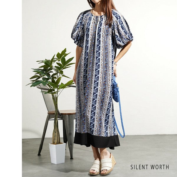 【M】エスニック柄バルーン袖ワンピース|小花ストライプ・レーヨン素材・リラックスシルエット・SILENT WORTH C-3338