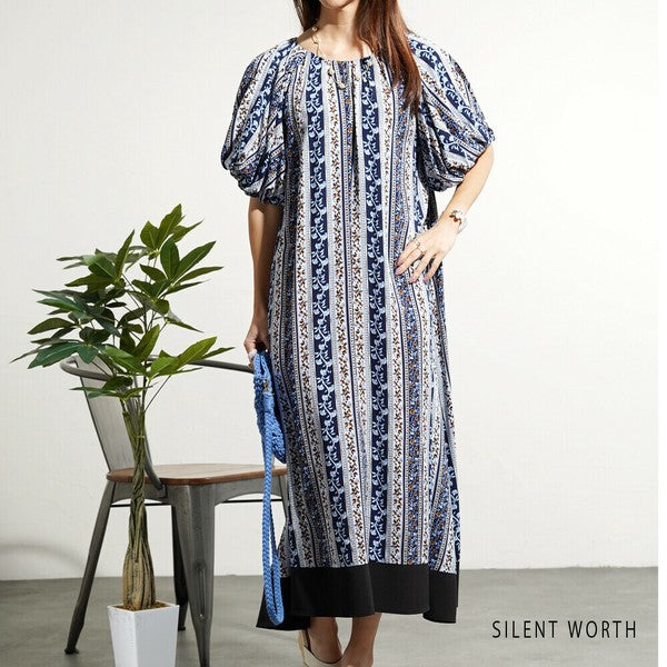 【M】エスニック柄バルーン袖ワンピース|小花ストライプ・レーヨン素材・リラックスシルエット・SILENT WORTH C-3338