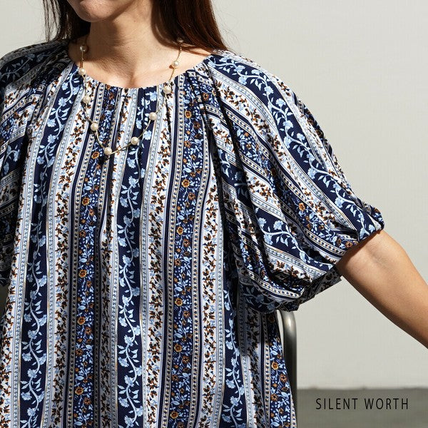 【M】エスニック柄バルーン袖ワンピース|小花ストライプ・レーヨン素材・リラックスシルエット・SILENT WORTH C-3338