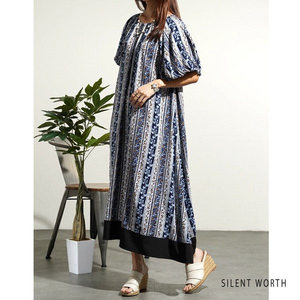 【M】エスニック柄バルーン袖ワンピース|小花ストライプ・レーヨン素材・リラックスシルエット・SILENT WORTH C-3338