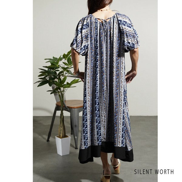 【M】エスニック柄バルーン袖ワンピース|小花ストライプ・レーヨン素材・リラックスシルエット・SILENT WORTH C-3338