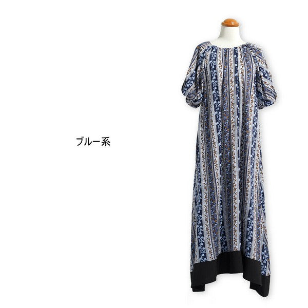 【M】エスニック柄バルーン袖ワンピース|小花ストライプ・レーヨン素材・リラックスシルエット・SILENT WORTH C-3338