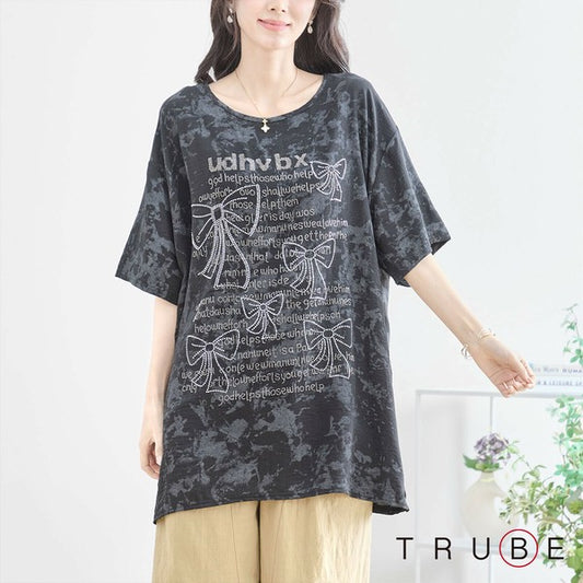 【L〜LL】リボン×英字柄プリントTシャツ|ビンテージ風ブラックで大人カジュアルに(N12-717)