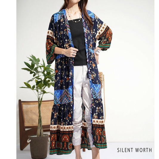 【M】パッチワークエスニック柄前開きワンピース|2WAY羽織りガウン・リゾートスタイル Y-0117・SILENT WORTH