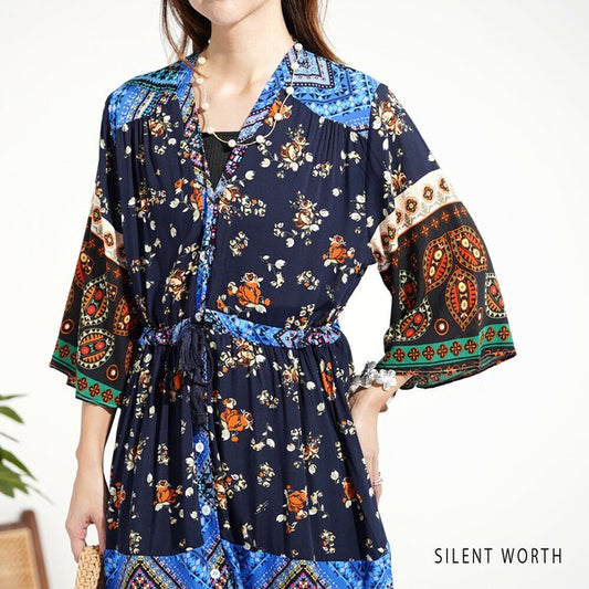 【M】パッチワークエスニック柄前開きワンピース|2WAY羽織りガウン・リゾートスタイル Y-0117・SILENT WORTH