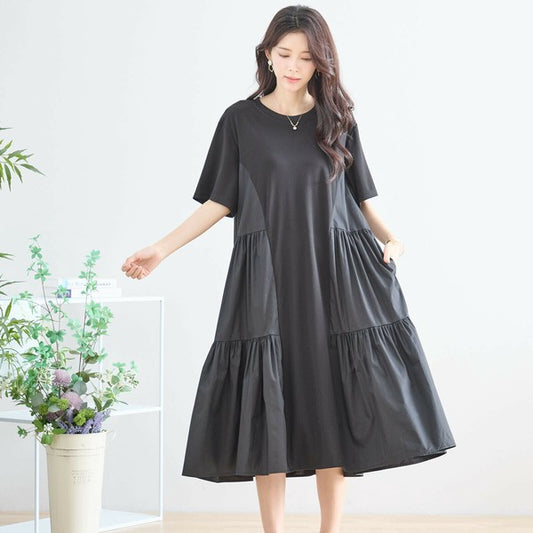 【M〜L】異素材ティアード切替フレアワンピース|立体シルエット&ゆったり体型カバー(N82-344)