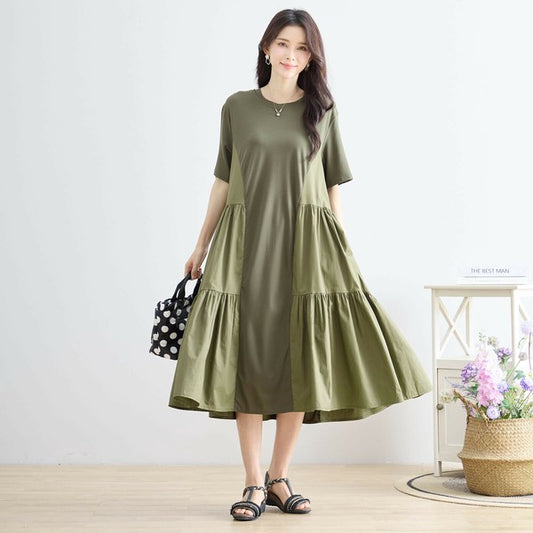 【M〜L】異素材ティアード切替フレアワンピース|立体シルエット&ゆったり体型カバー(N82-344)