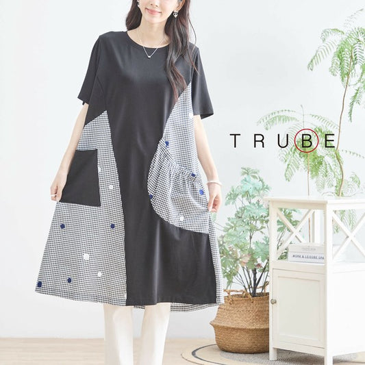 ギンガムチェックとドット刺繍の切替ワンピース N83-174 モデル正面着用 全身