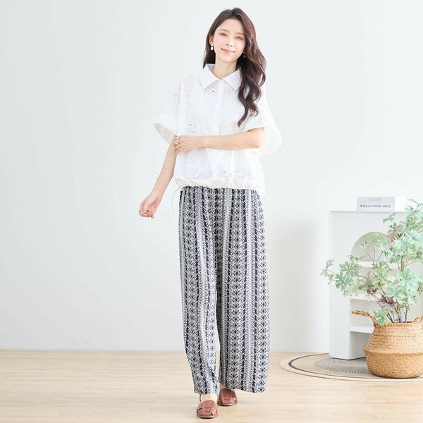 エスニック 花柄 プリント ワイドパンツ レーヨン素材 涼感 総ゴム 体型カバー 楽ちん M-L