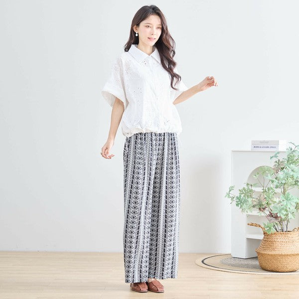 エスニック 花柄 プリント ワイドパンツ レーヨン素材 涼感 総ゴム 体型カバー 楽ちん M-L