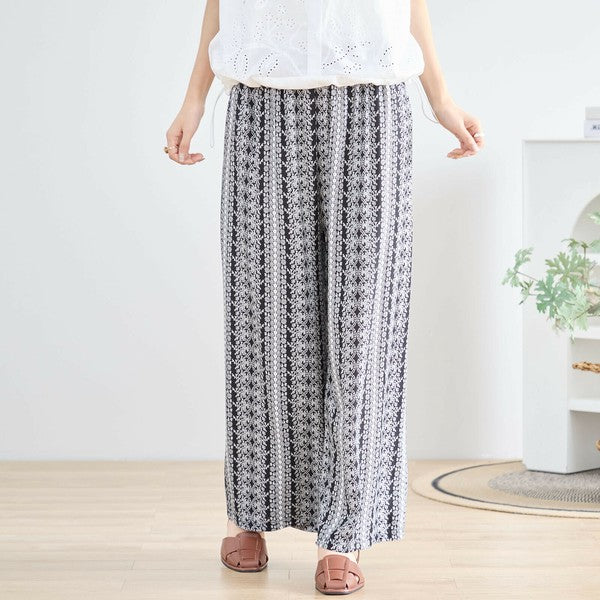 エスニック 花柄 プリント ワイドパンツ レーヨン素材 涼感 総ゴム 体型カバー 楽ちん M-L