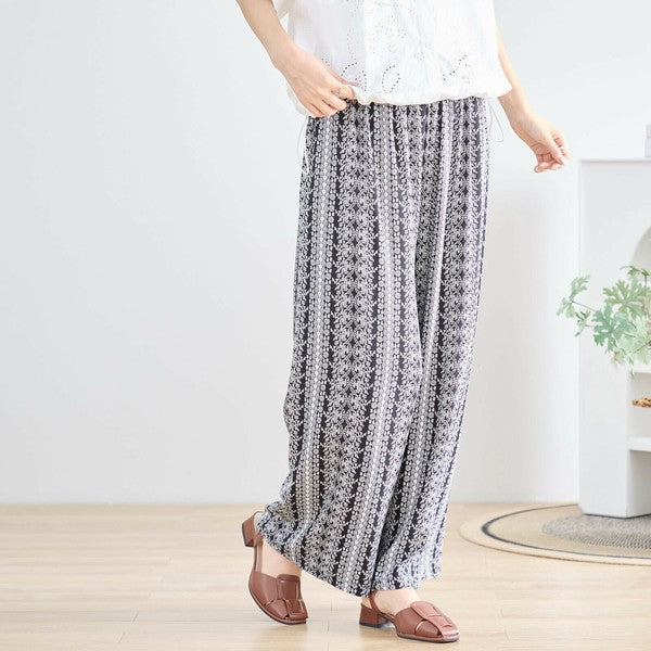 エスニック 花柄 プリント ワイドパンツ レーヨン素材 涼感 総ゴム 体型カバー 楽ちん M-L