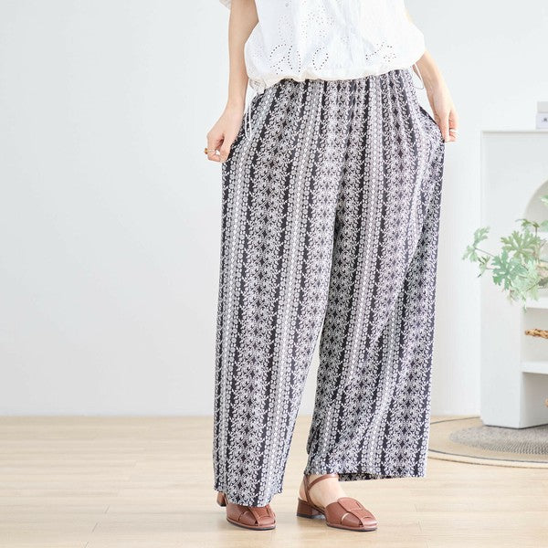 エスニック 花柄 プリント ワイドパンツ レーヨン素材 涼感 総ゴム 体型カバー 楽ちん M-L