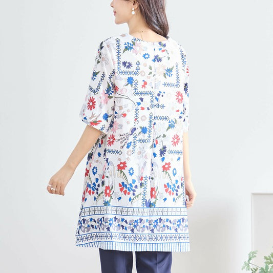 【M〜L対応】タイル風プリントチュニック|ボタニカル柄・Aライン・5分袖(N13-254)